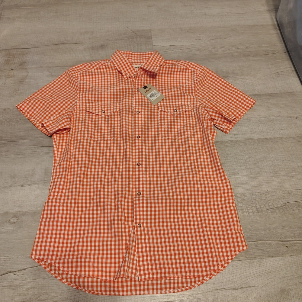 Levis Mens Short Sleeve Western Gingham Snap Shirt Orange White 878800004 L